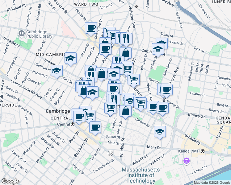 map of restaurants, bars, coffee shops, grocery stores, and more near 235 Columbia Street in Cambridge