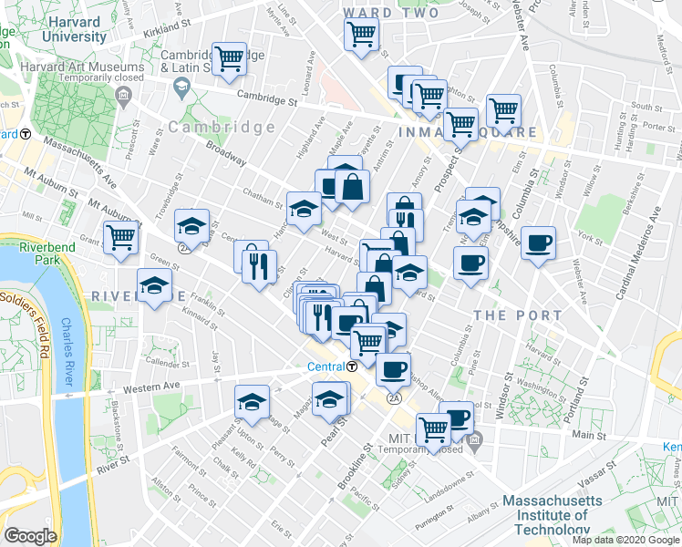 map of restaurants, bars, coffee shops, grocery stores, and more near 280 Harvard Street in Cambridge
