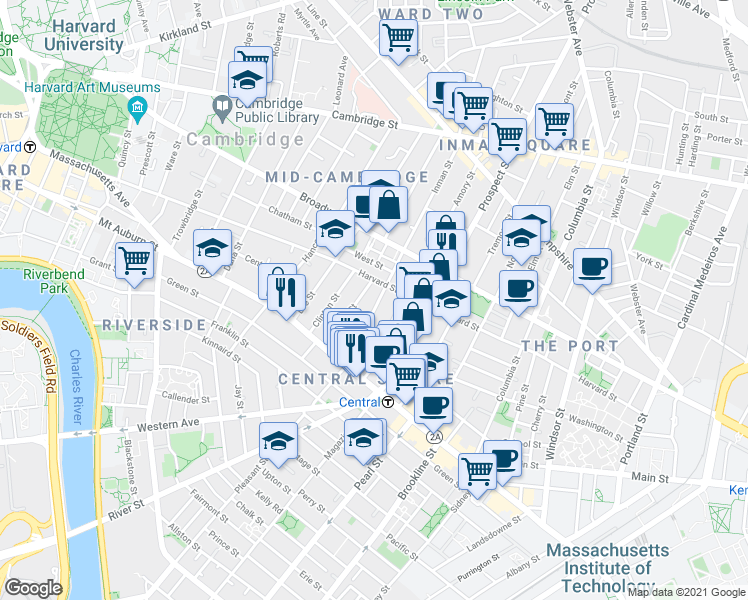 map of restaurants, bars, coffee shops, grocery stores, and more near 17 Bigelow Street in Cambridge
