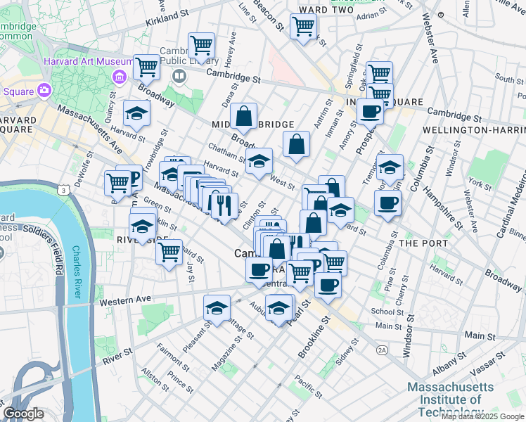 map of restaurants, bars, coffee shops, grocery stores, and more near 21 Clinton Street in Cambridge