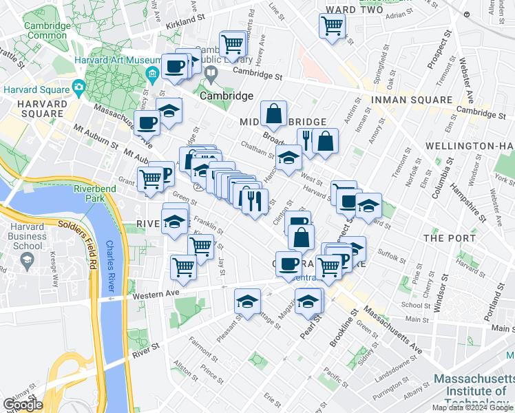 map of restaurants, bars, coffee shops, grocery stores, and more near 106 Hancock Street in Cambridge