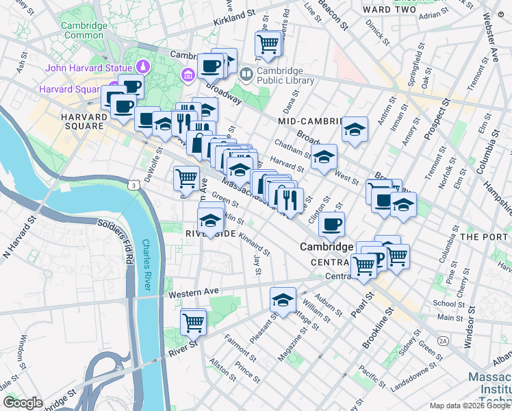 map of restaurants, bars, coffee shops, grocery stores, and more near in Cambridge