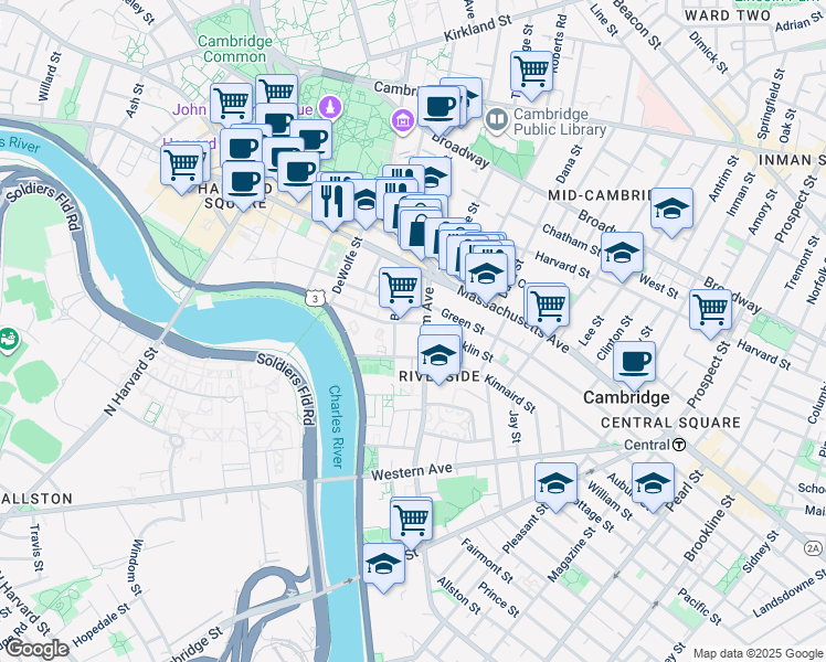 map of restaurants, bars, coffee shops, grocery stores, and more near 31 Putnam Avenue in Cambridge