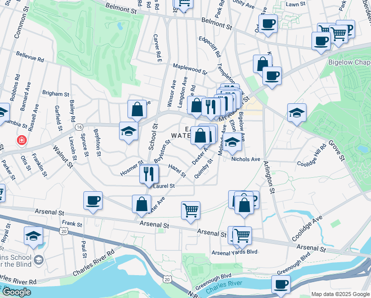 map of restaurants, bars, coffee shops, grocery stores, and more near 156 Nichols Avenue in Watertown