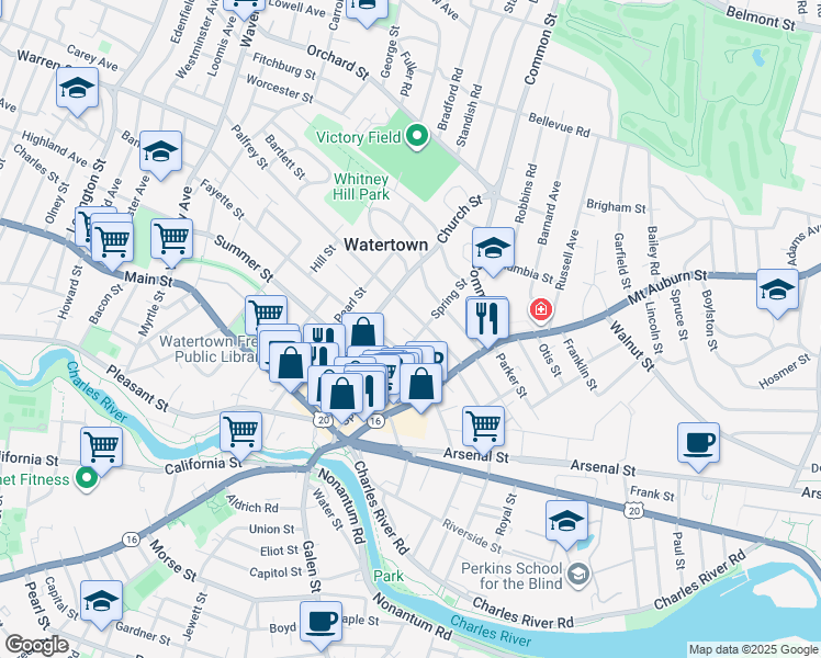 map of restaurants, bars, coffee shops, grocery stores, and more near 87 Church Street in Watertown