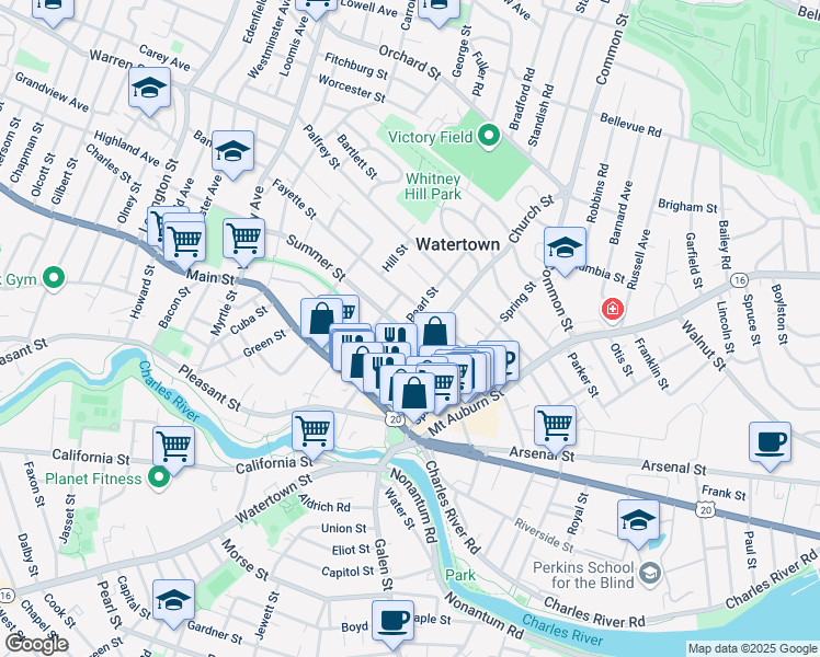 map of restaurants, bars, coffee shops, grocery stores, and more near 49 Fayette Street in Watertown