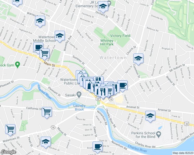 map of restaurants, bars, coffee shops, grocery stores, and more near 105 Summer Street in Watertown