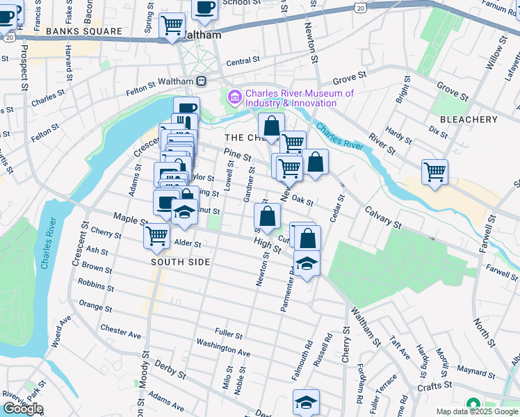 map of restaurants, bars, coffee shops, grocery stores, and more near 104 Cushing Street in Waltham