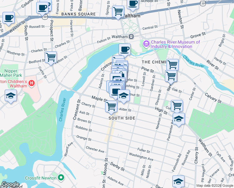 map of restaurants, bars, coffee shops, grocery stores, and more near 58 Chestnut Street in Waltham