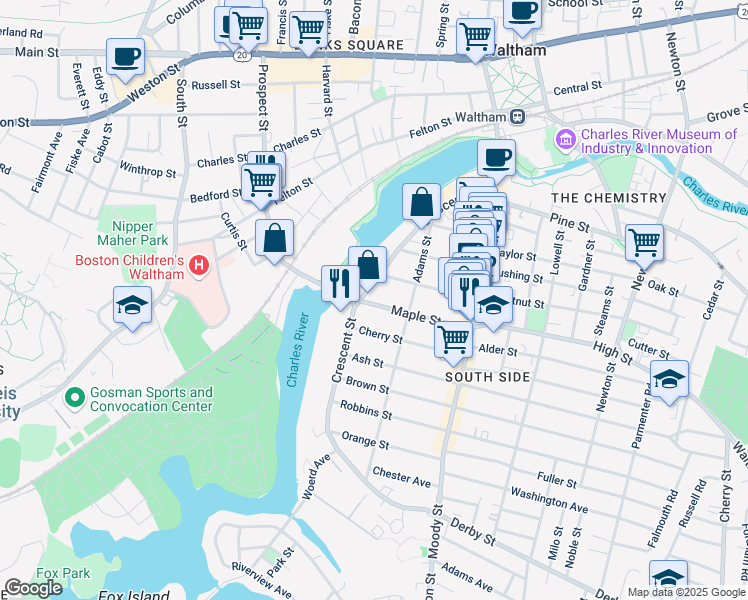 map of restaurants, bars, coffee shops, grocery stores, and more near 151 Crescent Street in Waltham