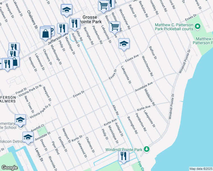map of restaurants, bars, coffee shops, grocery stores, and more near 785 Essex Drive in Detroit