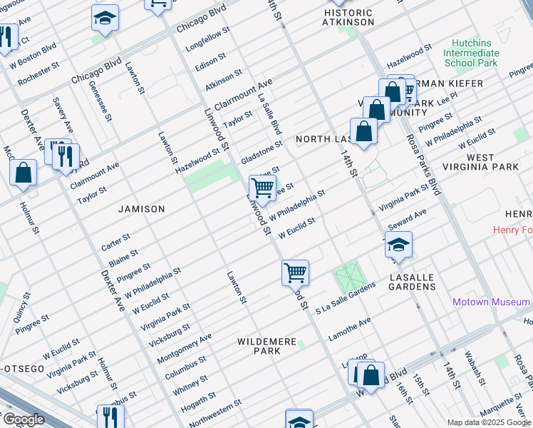 map of restaurants, bars, coffee shops, grocery stores, and more near 2525 Pingree Street in Detroit