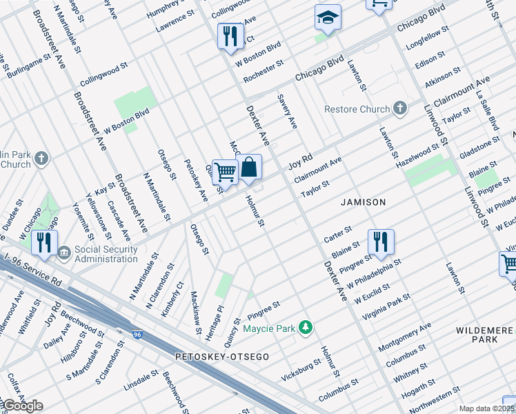 map of restaurants, bars, coffee shops, grocery stores, and more near 3925 Joy Road in Detroit