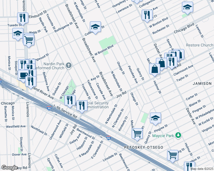map of restaurants, bars, coffee shops, grocery stores, and more near 9350 Broadstreet Avenue in Detroit