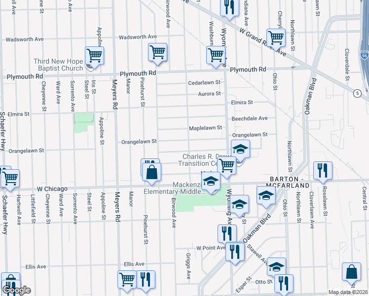 map of restaurants, bars, coffee shops, grocery stores, and more near 10167 Orangelawn Street in Detroit