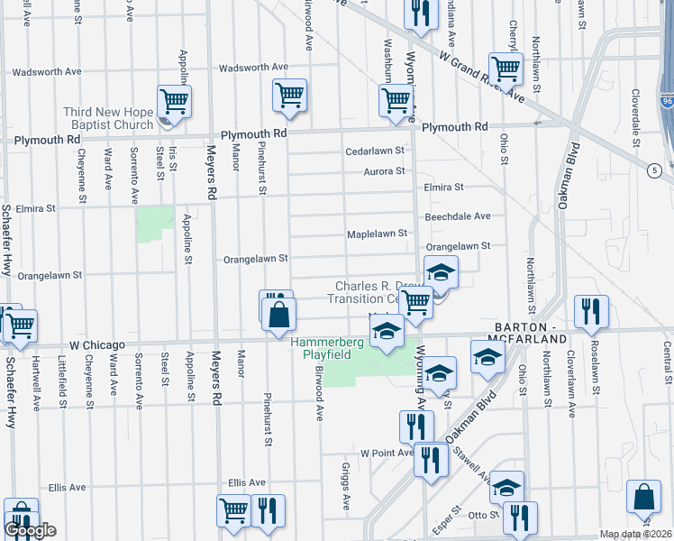 map of restaurants, bars, coffee shops, grocery stores, and more near 10167 Orangelawn Street in Detroit