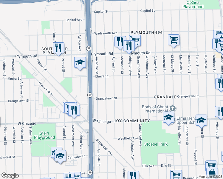 map of restaurants, bars, coffee shops, grocery stores, and more near 9998 Longacre Street in Detroit
