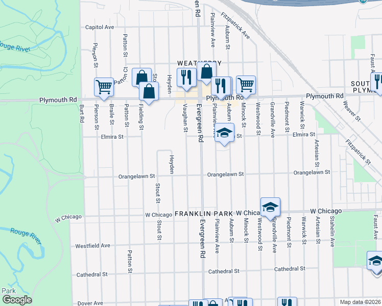 map of restaurants, bars, coffee shops, grocery stores, and more near 10017 Evergreen Road in Detroit