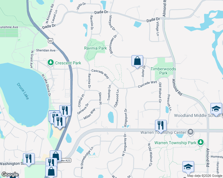 map of restaurants, bars, coffee shops, grocery stores, and more near 7612 Cascade Way in Gurnee