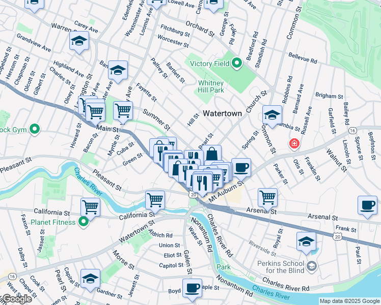 map of restaurants, bars, coffee shops, grocery stores, and more near 105 Summer Street in Watertown