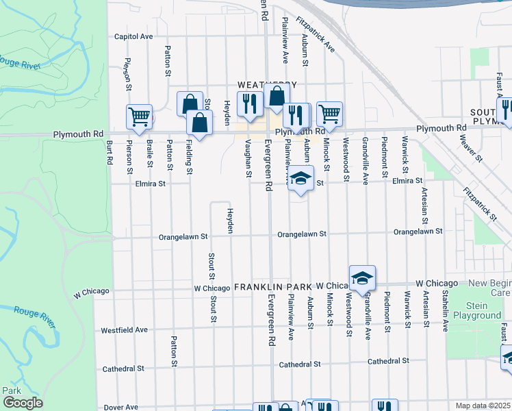 map of restaurants, bars, coffee shops, grocery stores, and more near 10017 Evergreen Road in Detroit