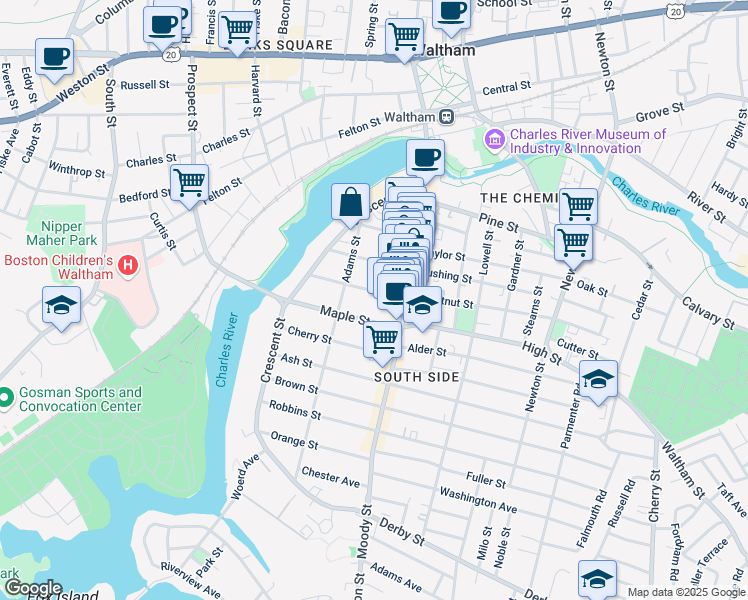 map of restaurants, bars, coffee shops, grocery stores, and more near 40 Chestnut Street in Waltham