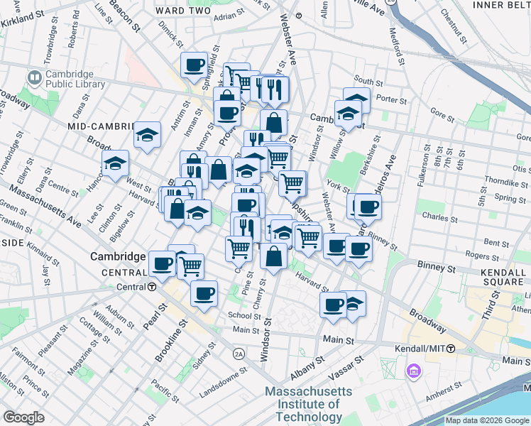 map of restaurants, bars, coffee shops, grocery stores, and more near 235 Columbia Street in Cambridge