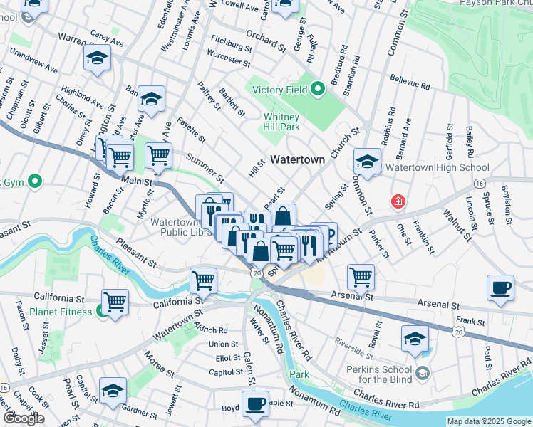 map of restaurants, bars, coffee shops, grocery stores, and more near 49 Fayette Street in Watertown
