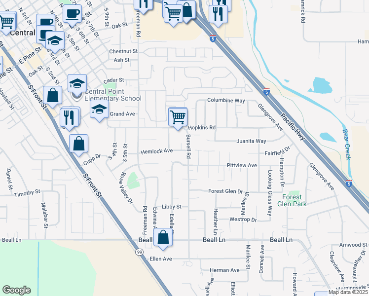 map of restaurants, bars, coffee shops, grocery stores, and more near 749 Hemlock Avenue in Central Point