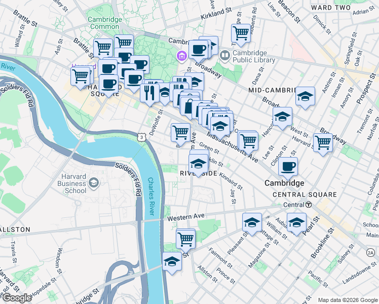 map of restaurants, bars, coffee shops, grocery stores, and more near 31 Putnam Avenue in Cambridge