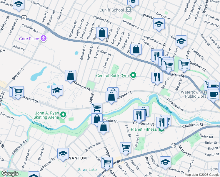map of restaurants, bars, coffee shops, grocery stores, and more near 26 Brandley Road in Watertown