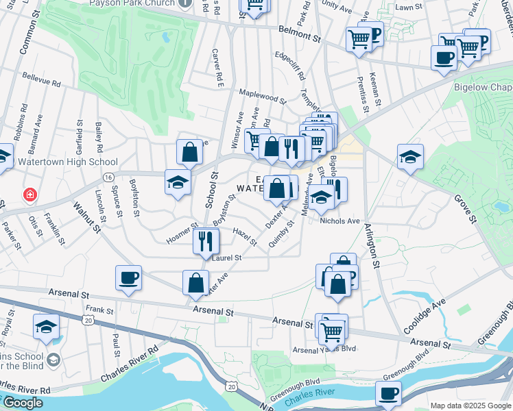 map of restaurants, bars, coffee shops, grocery stores, and more near 156 Nichols Avenue in Watertown