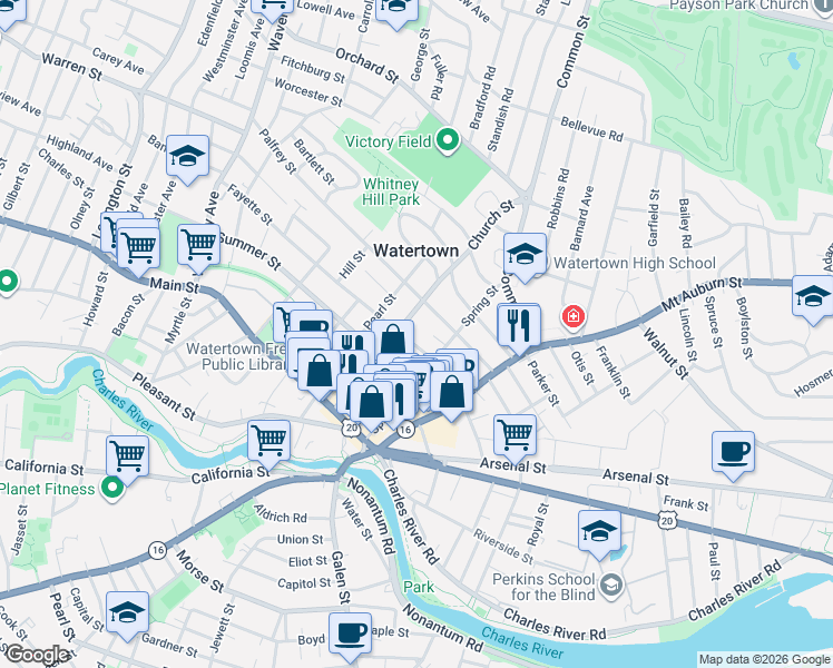 map of restaurants, bars, coffee shops, grocery stores, and more near 21 Fayette Street in Watertown
