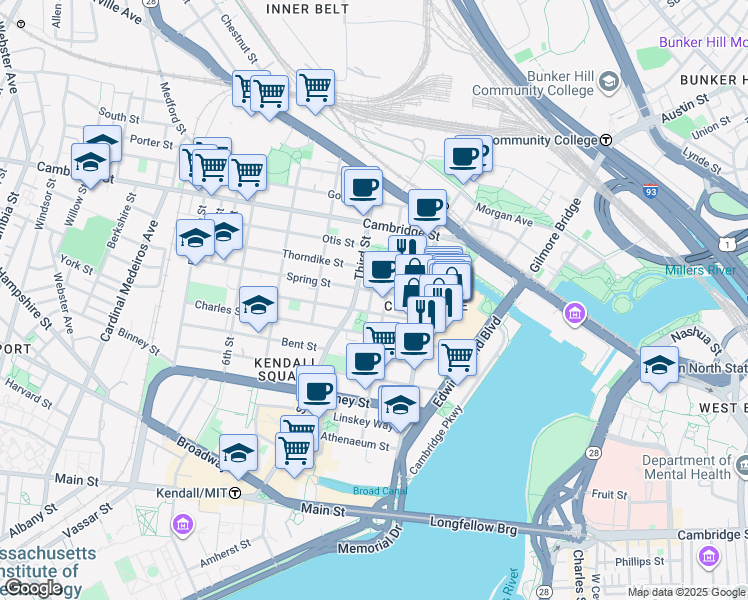 map of restaurants, bars, coffee shops, grocery stores, and more near 30 Spring Street in Cambridge