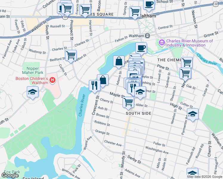 map of restaurants, bars, coffee shops, grocery stores, and more near 9 Chestnut Street in Waltham