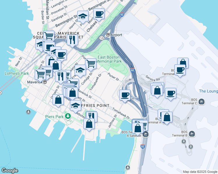 map of restaurants, bars, coffee shops, grocery stores, and more near 15 Transportation Way in Boston