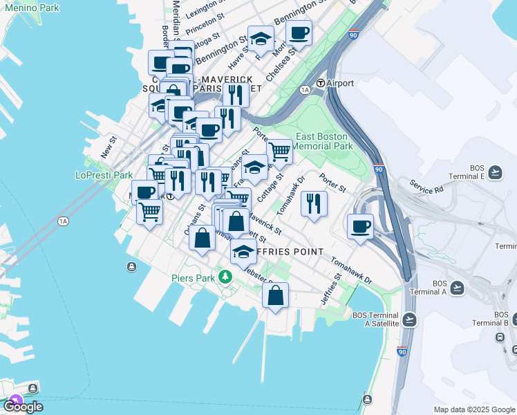 map of restaurants, bars, coffee shops, grocery stores, and more near 131 Cottage Street in Boston