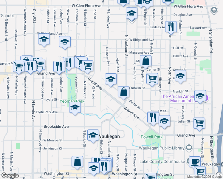 map of restaurants, bars, coffee shops, grocery stores, and more near 1018 Porter Street in Waukegan