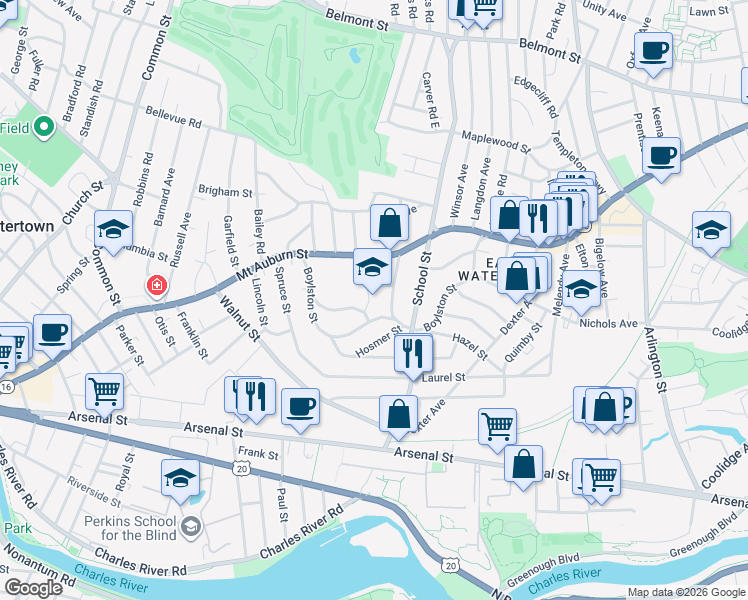 map of restaurants, bars, coffee shops, grocery stores, and more near 1 Concord Road in Watertown
