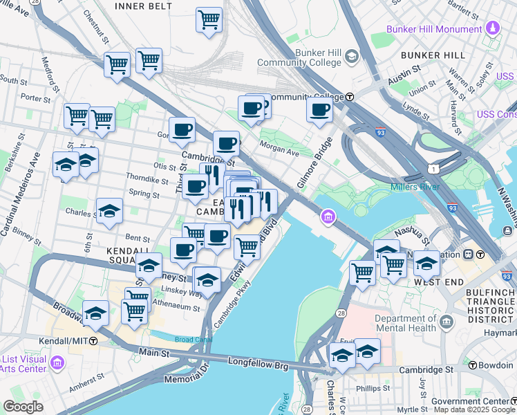 map of restaurants, bars, coffee shops, grocery stores, and more near 32 First Street in Cambridge