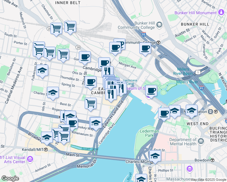 map of restaurants, bars, coffee shops, grocery stores, and more near 32 First Street in Cambridge