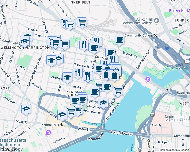map of restaurants, bars, coffee shops, grocery stores, and more near 54 Spring Street in Cambridge