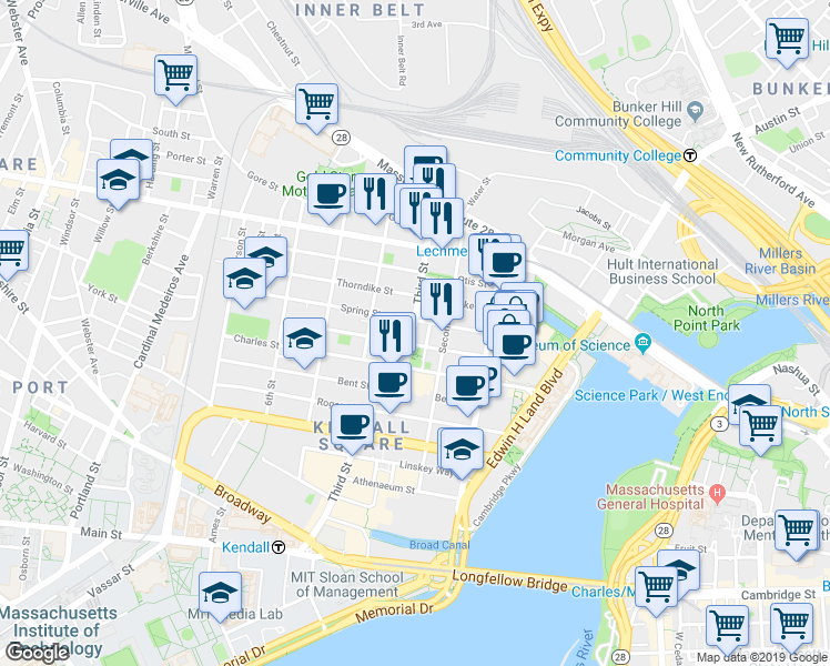 map of restaurants, bars, coffee shops, grocery stores, and more near 54 Spring Street in Cambridge