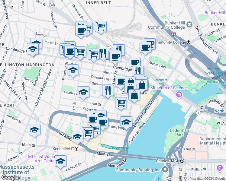 map of restaurants, bars, coffee shops, grocery stores, and more near 54 Spring Street in Cambridge