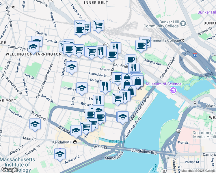 map of restaurants, bars, coffee shops, grocery stores, and more near 54 Spring Street in Cambridge
