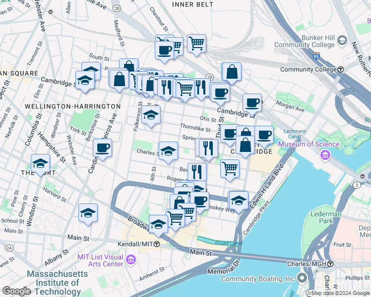 map of restaurants, bars, coffee shops, grocery stores, and more near 123 Spring Street in Cambridge