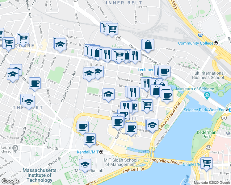 map of restaurants, bars, coffee shops, grocery stores, and more near 123 Spring Street in Cambridge
