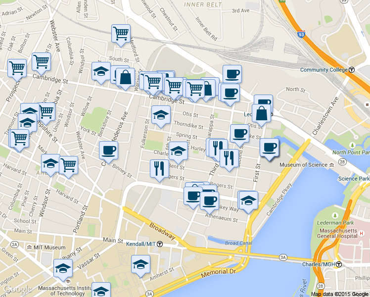 map of restaurants, bars, coffee shops, grocery stores, and more near 123 Spring Street in Cambridge