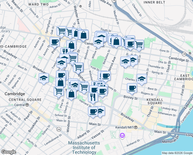 map of restaurants, bars, coffee shops, grocery stores, and more near 44 Plymouth Street in Cambridge