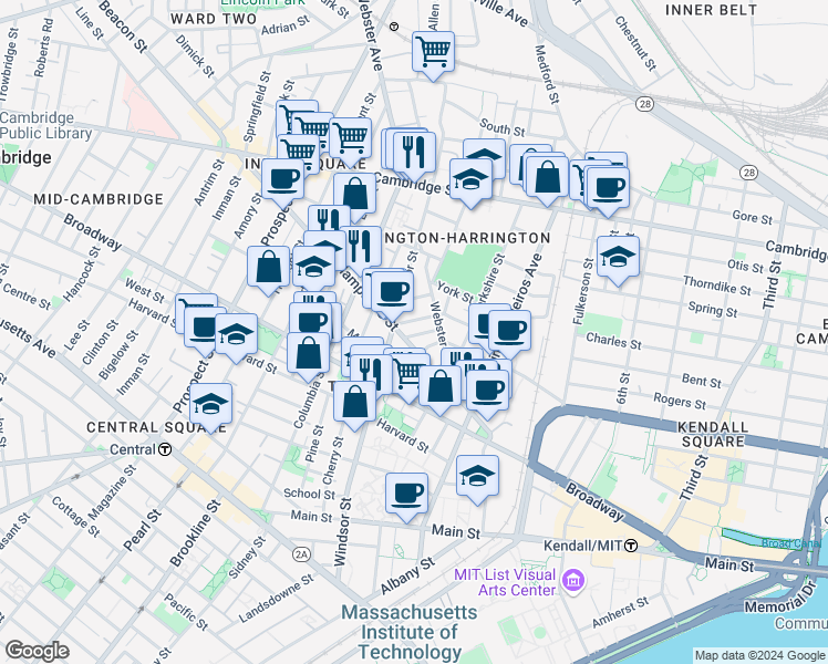 map of restaurants, bars, coffee shops, grocery stores, and more near 81 Plymouth Street in Cambridge